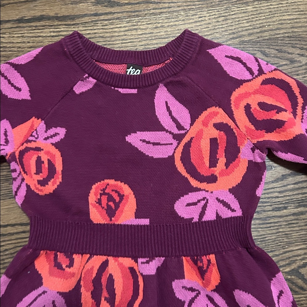 Tea Collection long Sleeve Purple Pink Sweater Floral Dress Sz 6‎ Ruffles k7061 - Picture 4 of 4